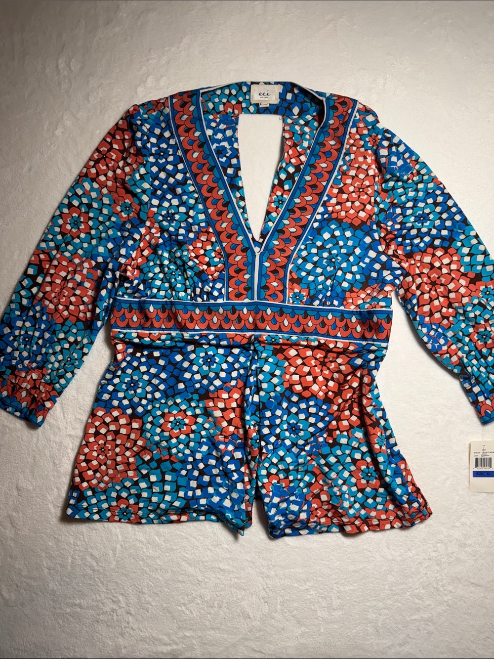 ECI Blue and Orange Mosaic Floral V-Neck Blouse